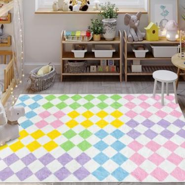 Imagem de USTIDE Tapete xadrez colorido 1,2 x 1,5 m, lavável à máquina, rosa, amarelo, tapete quadriculado para corredor, quarto, meninas, quarto de bebê, decoração