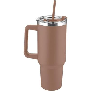 Imagem de Garrafa Térmica Canecão 1,3 Litros Inox Marrom com Alça e Canudo, Copo Térmico Grande Parede Dupla a Vácuo, Caneca Térmica para Hidratação e Treino, Design Moderno Quencher Sustentável Premium