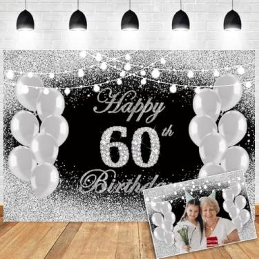 Imagem de OERJU Banner de fundo de feliz aniversário de 60 anos, preto e prata, cenário fotográfico de 60 anos, balões de diamante com glitter, decoração de festa de aniversário de 60 anos, adereços para fotos