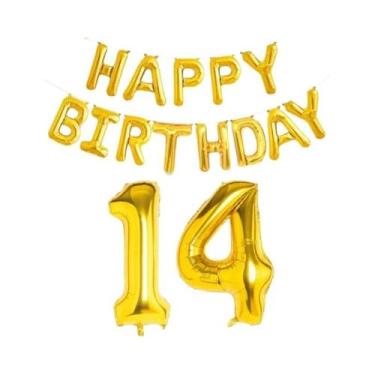 Imagem de Balões De Folha Dourados De Feliz Aniversário 15 Peças Decoração De Fe