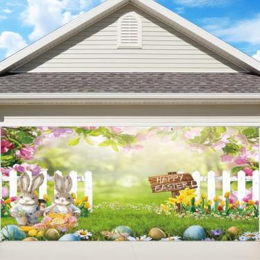 Imagem de OERJU Capa de bandeira de porta de garagem de Páscoa primavera coelho colorido cerca feliz Páscoa decoração de porta de garagem mural de poliéster interior exterior capa de parede decoração de casa
