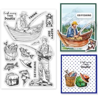 Imagem de 1 folha de carimbos transparentes de plástico PVC, carimbo de silicone personalizado com padrão humano de barco de peixe, carimbos transparentes para fazer álbuns de fotos faça você mesmo, 16 x 11 cm