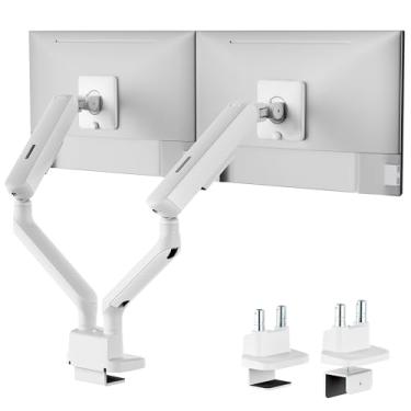 Imagem de monTEK Braço de monitor duplo, braço de monitor de mola mecânica para telas de 17 a 35 polegadas, suporte de mesa ajustável para monitor cada um comporta até 11 kg com braçadeira C/suporte de mesa com