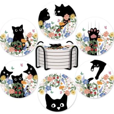 Imagem de SHIYUE Pacote com 6 porta-copos para gatos curiosos com suporte, porta-copos de cerâmica absorvente, mesa de centro de bebidas, presente de inauguração de casa, 10 cm (flor colorida)