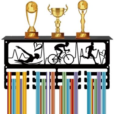Imagem de CREATCABIN Suporte de Medalha de Triatlo com Prateleira Troféu Gancho de Parede Metal Preto Ferro Natação Corrida Ciclismo Prêmio Rack para Montagem na Parede 60+ Medalhas Corredores de Bicicleta