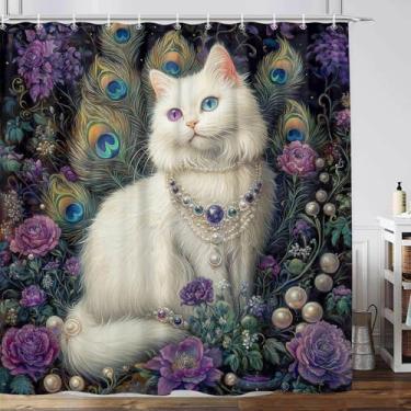 Imagem de YDIDIAN Cortina de chuveiro floral roxa de gato vintage, joias elegantes com flores de gato, cortinas de chuveiro para banheiro, conjunto de cortina de chuveiro de tecido Farmhous engraçado com