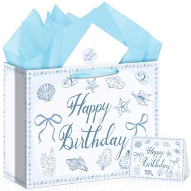 Imagem de Allparty Bolsa de presente de aniversário com concha, oceano, praia, presente com papel de embrulho, adesivo, envelope estrela do mar, tema costeiro, lembrancinhas de festa, presentes, presentes para