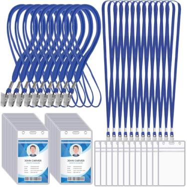 Imagem de Marspark Cordões de crachá com suporte de identificação para crachás de identificação etiqueta de nome de pescoço plano resselável com clipe à prova d'água de plástico transparente emblemas a granel