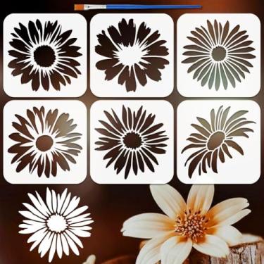 Imagem de FINGERINSPIRE 6 peças de estênceis de margarida, 15 x 15 cm, com pincel, estêncil, tema de plantas, estêncil, reutilizáveis, modelos de flores desabrochando para parede de madeira, artesanato faça