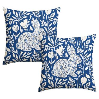 Imagem de AVOIN colorlife Capas de almofada de almofada azul escuro e branco Coelhinho da Páscoa, 45,7 x 45,7 cm, folhas de eucalipto, decoração para sofá e sofá, conjunto de 2