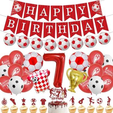 Imagem de Decorações de festa de 7º aniversário de futebol – 37 peças, faixa vermelha de aniversário, troféu, número 7, topo de bolo, enfeite de bolo, decoração de mesa esportiva para crianças, meninos, artigos