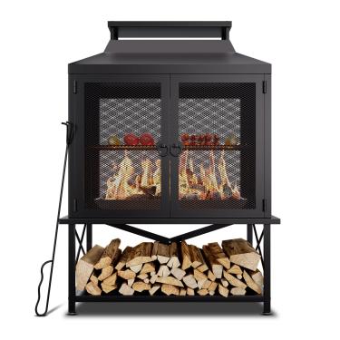 Imagem de Lareira de chaminé externa de 114 cm com churrasqueira e armazenamento de madeira, grande lareira a lenha para uso externo com chaminé, porta de tela de faísca e pôquer de fogo, ideal para pátio