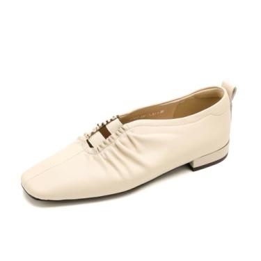 Imagem de TinaCus Mocassim feminino de couro legítimo/camurça bico quadrado feito à mão sem cadarço casual, Bege, 34