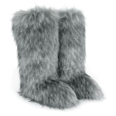 Imagem de Valpeak Botas femininas de pele sintética para o inverno, felpudas, longas e felpudas, botas de cano alto para meninas, Cinza claro, 10 Wide
