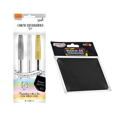 Imagem de Bloco de Notas Preto 76x76mm 50 Folhas + Caneta Gel 1.0 Blister c/ 3 Cores - BRW