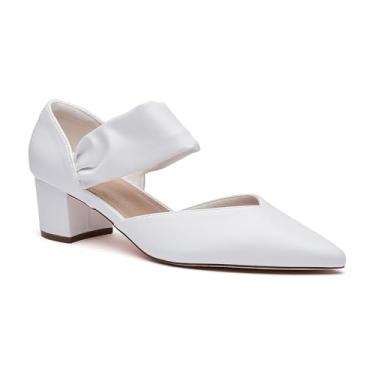 Imagem de Salto bloco feminino confortável com tira fechada bico fino salto baixo grosso sapato vestido festa casamento trabalho baile, Poliuretano branco, 36