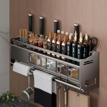 Imagem de Suporte de parede para temperos – Organizador de metal com suporte de toalha e prateleira de armazenamento para cozinha, organizador de especiarias e toalhas de papel para armário, solução que