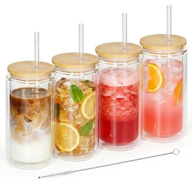 Imagem de FECBK Pacote com 4 copos de vidro com tampas e canudos, copo de vidro de parede dupla de 355 ml, copos de café com borossilicato isolado para café gelado, vitaminas, chá, suco
