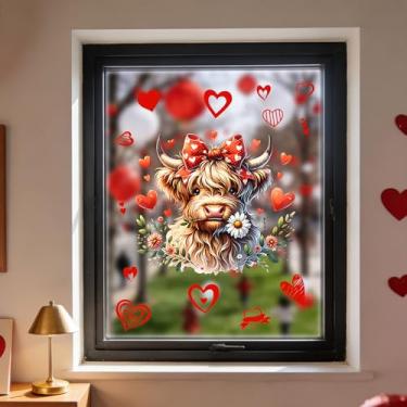 Imagem de 1 folha de adesivos de janela de gado Highland com design de laço de coração adesivos de janela estática para decoração de aniversário de festa escolar, feriado, escritório, portas de vidro