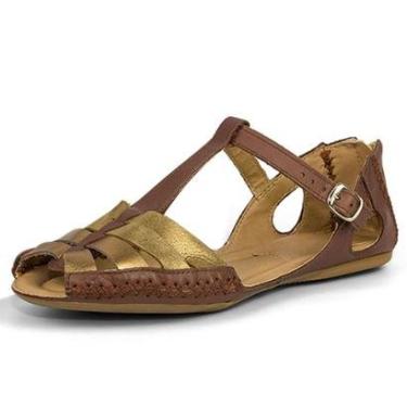 Imagem de Sandália rasteira Pierrô feminina em couro legítimo cor chocolate detalhe bronze-Feminino