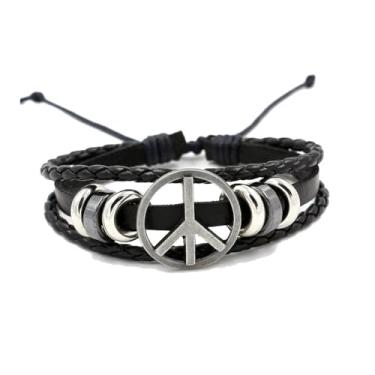 Imagem de RUIZHEN Pulseira masculina de couro com símbolo de sinal de paz multicamadas, adjust, liga metálica, n