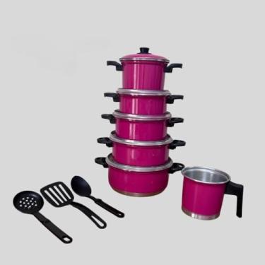 Imagem de Jogo de Panelas com Leiteira + Jogo de Talheres Resistente - 5 Peças Completas, Prático para Cozinhas Domésticas e Preparos Diários (Rosa Pink)