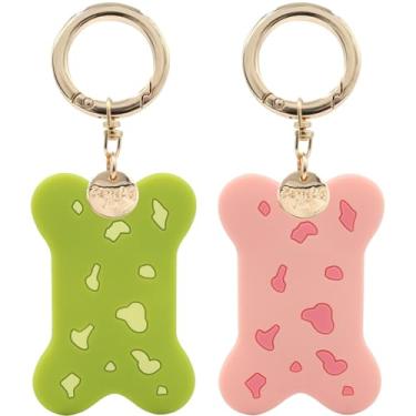 Imagem de Porta-chaves MC Fashion para AirTag, pacote com 2 lindos anéis de silicone 3D osso de cachorro para chaves, bolsas e bolsas (verde + rosa)