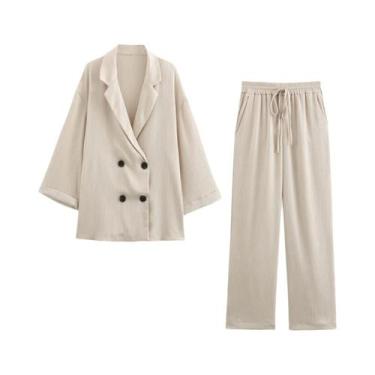 Imagem de Conjunto De Calças Casuais E Blazer Amassado Feminino De Moda Outono E