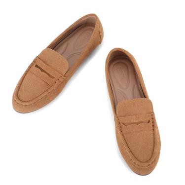 Imagem de Trakxy Mocassim feminino de camurça, confortável, sem cadarço, sapatos de escritório, rasos, sapatos de trabalho, Marrom, 36
