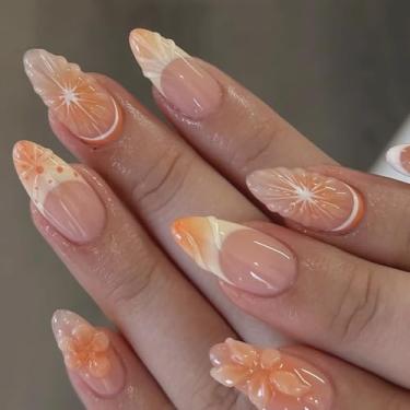 Imagem de RIICFDD Unhas de amêndoa médias feitas à mão com cola, unhas falsas francesas com design de arte de flores 3D de verão, unhas postiças fofas de acrílico reutilizável para mulheres (tamanho M)