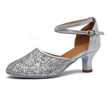 Imagem de MSMAX Sandália feminina de dança latina, salto médio, glitter, festa, dança, Prata, 8 Narrow