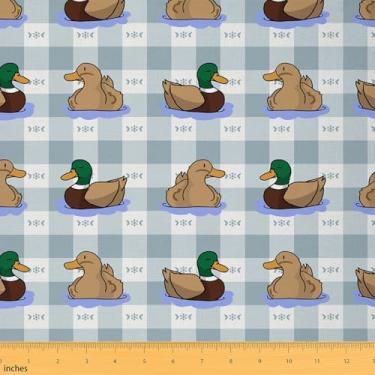 Imagem de Tecido de pato de desenho animado da The Yard Cute Mallard Wild Animals Decor Tecido para crianças Suprimentos de costura Aquarela listras azuis Tecido estilo rústico para decoração de quarto e