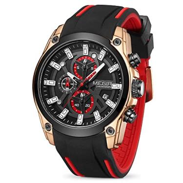 Imagem de MEGIR Relógio de pulso esportivo masculino à prova d'água com relógio masculino cronógrafo militar quartzo pulseira de silicone vermelho 2144