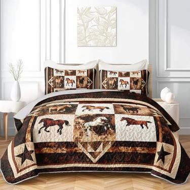 Imagem de XYNHML Jogo de cama casal de cavalo galopante marrom ocidental, 3 peças, conjunto de cama rústica com cavalo de fazenda, animal selvagem, estampa retrô, colcha de cama com 2 fronhas para decoração de