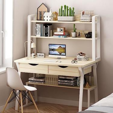 Imagem de Mesa de computador moderna com estante, estação de trabalho de escritório doméstico com prateleiras superiores de armazenamento, mesa de escrita de estudo (120 x 60 x 74 cm, acabamento em nogueira)