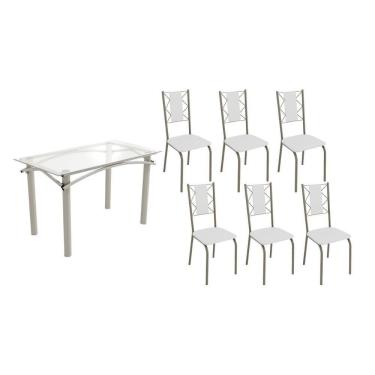 Imagem de Conjunto: Mesa Sala Jantar Elba C- Tampo De Vidro 120cm E 6 Cadeiras Lisboa Niquel - Courano Branco - Kappesberg