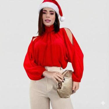 Imagem de Blusa Bata Feminina Gola Alta Manga Bufante Ombro Vazado - Swiss Bouti