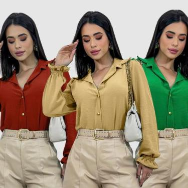 Imagem de Kit 3 Camisa Feminina Social Crepe Duna Botões Manga Lastex - SWISS BO