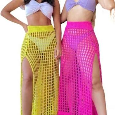 Imagem de Saia longa saída de praia fenda lateral moda verão tricot-Feminino