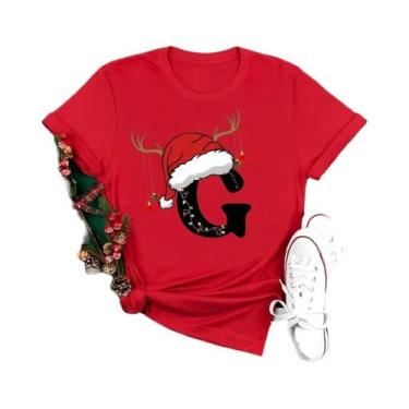 Imagem de Camiseta Feminina Vermelha De Natal Com Alfabeto, Estilo Casual, Manga