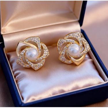 Imagem de Par de Brincos Femininos Strass Banhadofolheado A Ouro 18k Flor Cpérol