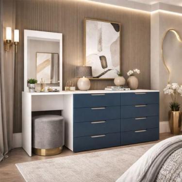 Imagem de Cômoda Madrid 8 Gavetas com Espelho Azul/Branco - Politorno, Azul Clar