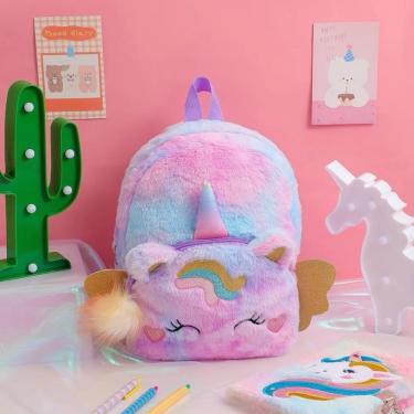Imagem de Mochila Infantil OEM Unicórnio em Pelúcia 30x25 Roxo para Meninas Escola com Grande Cap...