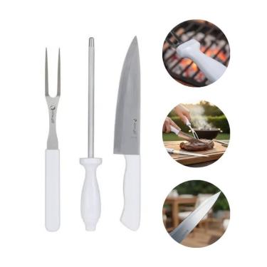 Imagem de Kit para Churrasco Kit 3 Peças para Açougue Corte de Carnes com Faca Garfo Chaira Aço Inox Praticidade em Cozinha Inox