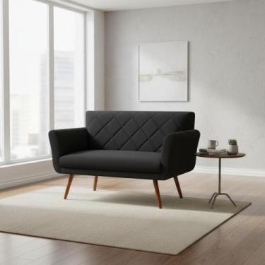 Imagem de Namoradeira Decorativa Sabrina Couro Preto Pés Madeira Mz Decor - Mazz