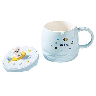 Imagem de Caneca de astronauta com colher de urso de cerâmica xícara de café infantil desenho animado caneca de leite presente de aniversário escritório casa (peixe do oceano)