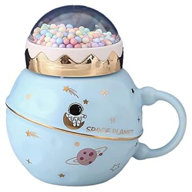 Imagem de seelucky Caneca de astronauta estilo minimalista com tampa de colher estrela copo de café de cerâmica infantil caneca de leite de desenho animado xícara de chá presente escritório casa (espaço planeta b azul claro, 400 ml)