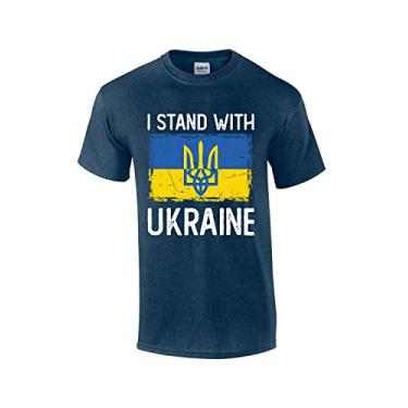 Imagem de Camiseta masculina patriótica de manga curta com design da bandeira da Ucrânia, Azul-marinho mesclado, GG