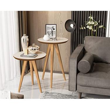 Imagem de Kit 2 Mesas Lateral e Apoio Redonda Sala Retrô Pés Palito cor Off White/Freijó - JM Casa dos Móveis