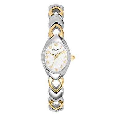 Imagem de Bulova Quartzo feminino clássico em dois tons de aço inoxidável com 3 ponteiros, mostrador com padrão branco estilo: 98V02, Branco, Pulseira clássica de aço inoxidável de dois tons de quartzo